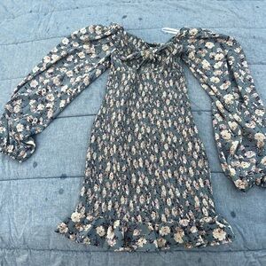 LULU'S See Me Bloom Dusty Blue Floral Print Smocked Long Sleeve Dress Size XS
